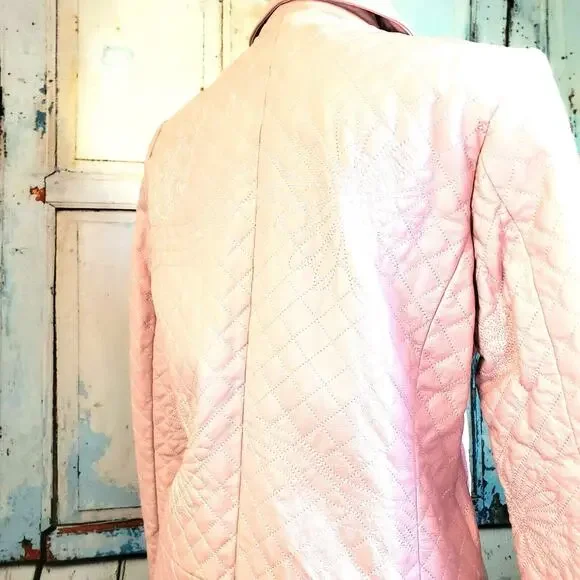 Vintage Pamela McCoy Pink Classic Quilted Leather Coat Size S Lined 2 Pockets - Picture 5 of 10